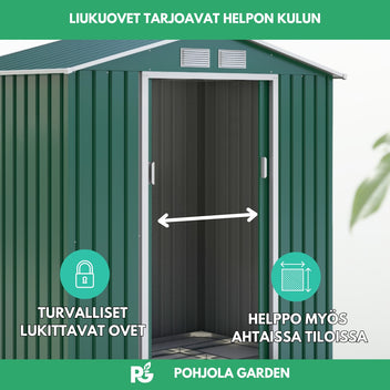 Trädgårdsskjul 2,7 m² – skjutdörr, ventilation, sockel, grönt