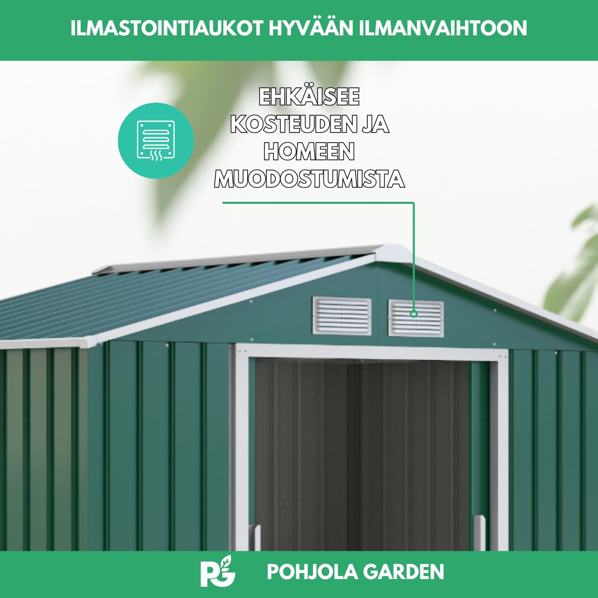 Trädgårdsskjul 2,7 m² – skjutdörr, ventilation, sockel, grönt