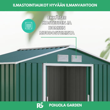 Trädgårdsskjul 2,7 m² – skjutdörr, ventilation, sockel, grönt