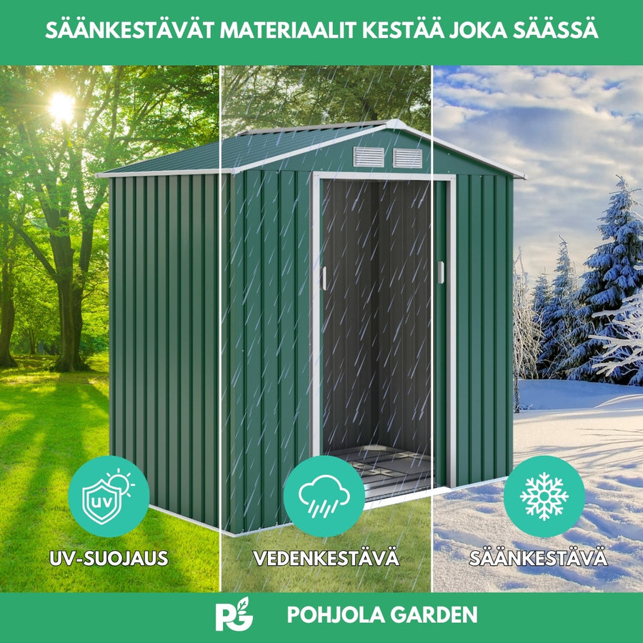 Pihavaja 2,7 m² – liukuovi, ilmanvaihto, sokkeli, vihreä