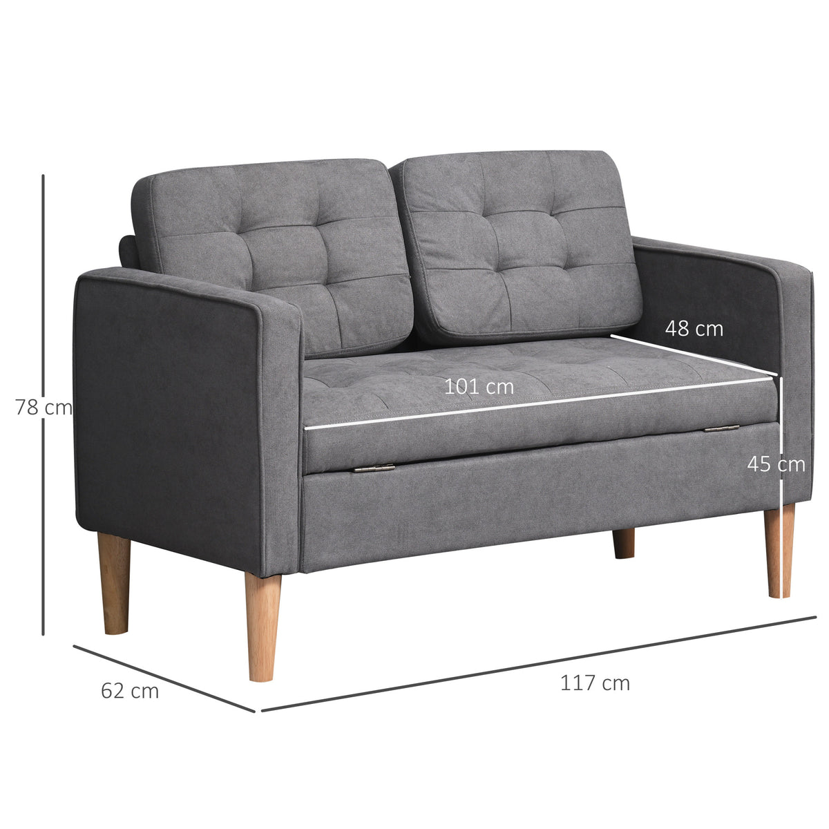 2-sits soffa med förvaring 117 x 62 x 78 cm, sammet, mörkgrå