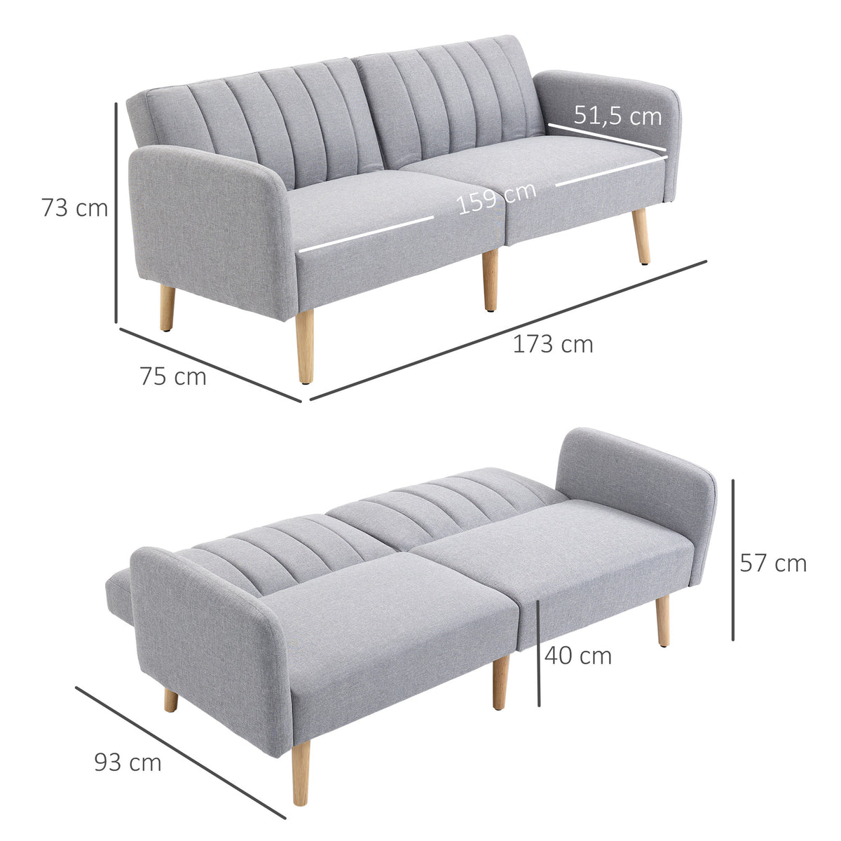 2-sitsbäddsoffa 173 x 75 x 73 cm, ljusgrå
