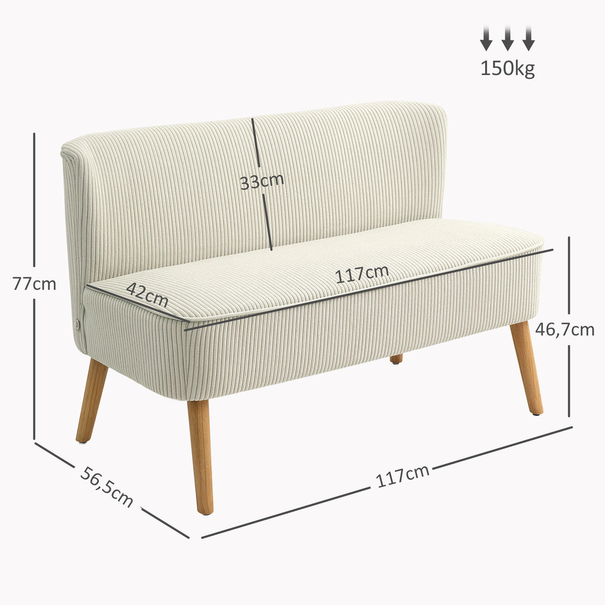 Retro soffa 2-sits, 117 x 56,5 x 77 cm, beige