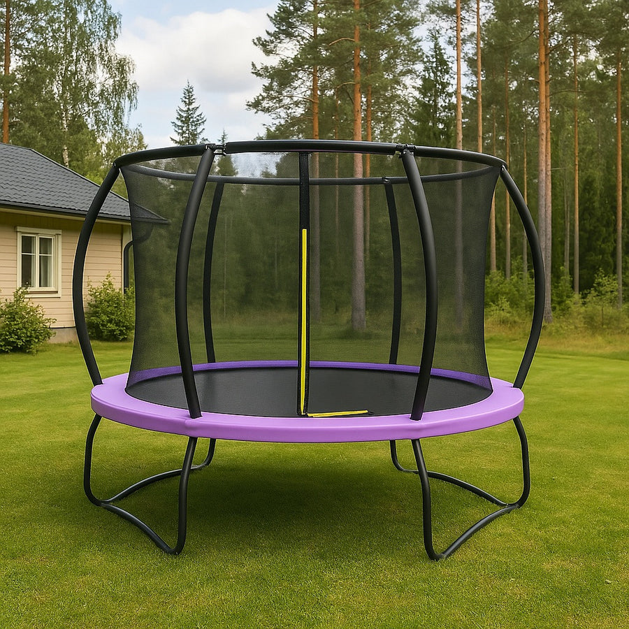 Trampoliini 305 cm turvaverkolla – 150 kg, 64 jousta, vaaleanpunainen