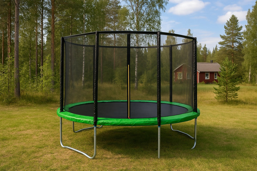 Hoppmatta 360 cm med säkerhetsnät – 72 fjädrar, galvaniserad ram, 150 kg