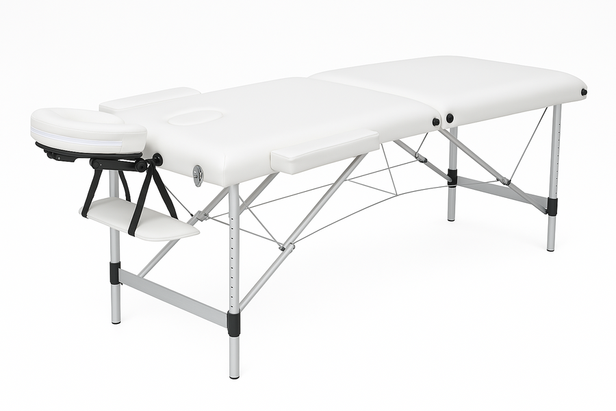Massagebänk 195 x 70 cm, vit – 2 zoner, 225 kg, aluminiumram