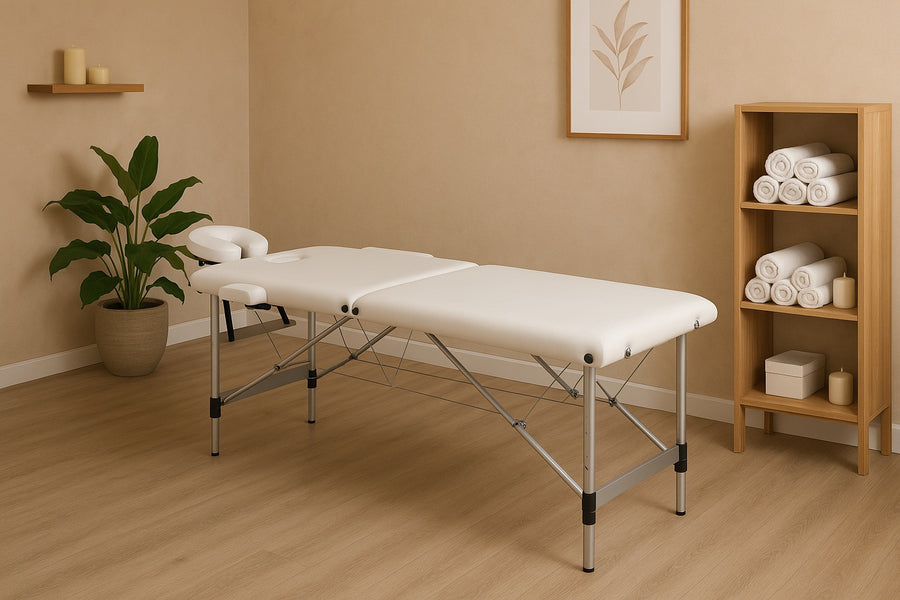 Massagebänk 195 x 70 cm, vit – 2 zoner, 225 kg, aluminiumram