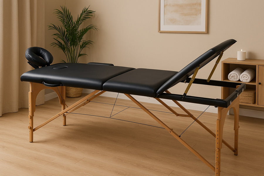 Massagebänk 195 x 70 cm, svart – 3 zoner, ca 215 kg, träram