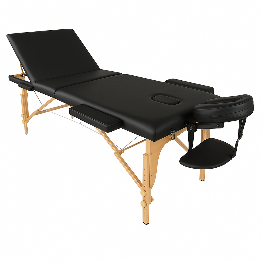 Massagebänk 195 x 70 cm, svart – 3 zoner, ca 215 kg, träram