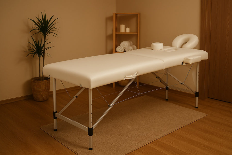 Massagebänk 195 x 70 cm, vit – aluminiumram, 250 kg, 7 cm stoppning