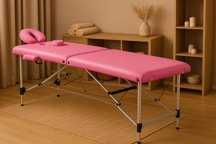 Massagebänk 195 x 70 cm, rosa – aluminiumram, 250 kg, 7 cm stoppning