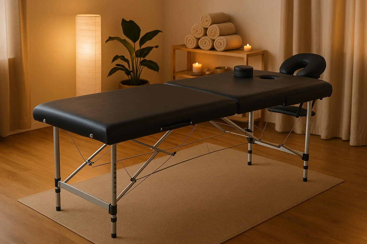 Hierontapöytä 195 x 70 cm, musta – alumiinirunko, 250 kg, 7 cm pehmuste