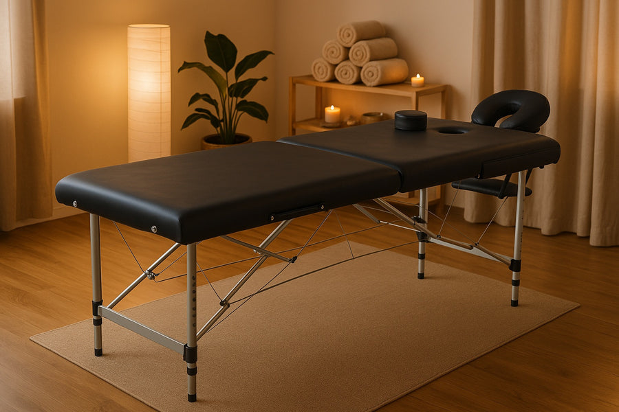 Massagebänk 195 x 70 cm, svart – aluminiumram, 250 kg, 7 cm stoppning