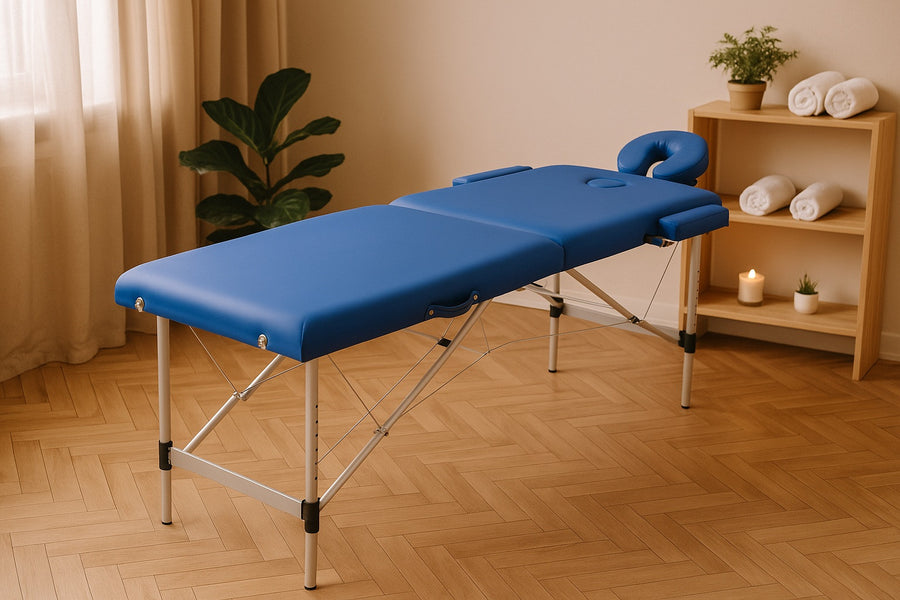 Massagebänk 195 x 70 cm – aluminiumram, höjd 61–87 cm, bärförmåga 225 kg