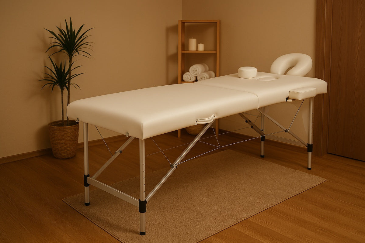 Hierontapöytä 195 x 70 cm, beige – alumiinirunko, 225 kg, 5 cm pehmuste