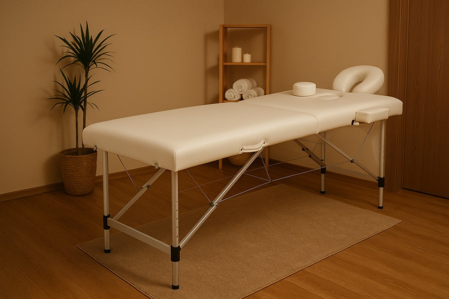 Massagebänk 195 x 70 cm, beige – aluminiumram, 225 kg, 5 cm stoppning