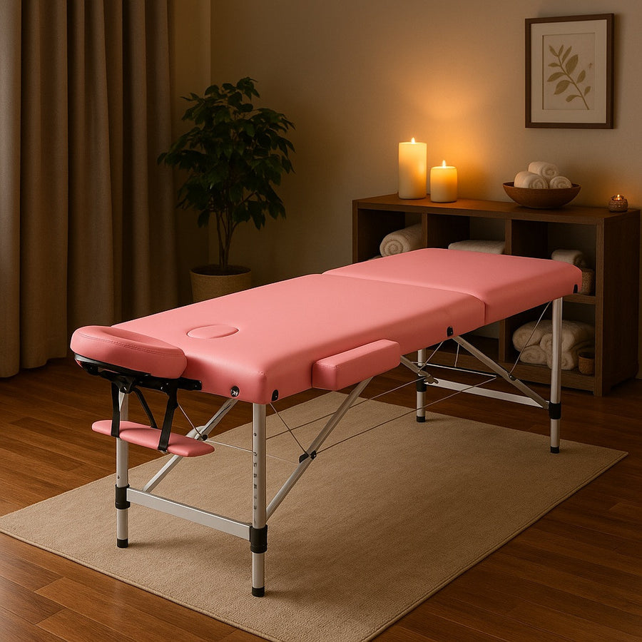 Massagebänk 195 x 70 cm, rosa – 3 zoner, 250 kg, 7 cm stoppning
