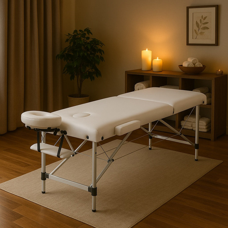 Hopfällbar massagebänk 185 x 60 cm – 2 zoner, 225 kg, vit
