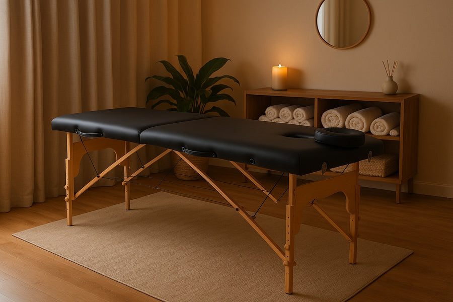 Massagebänk 186 x 60 cm, svart – hopfällbar, träram, 250 kg