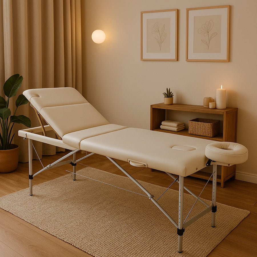 Massagebänk 195 x 70 cm, vit – 3 zoner, 225 kg, aluminiumram