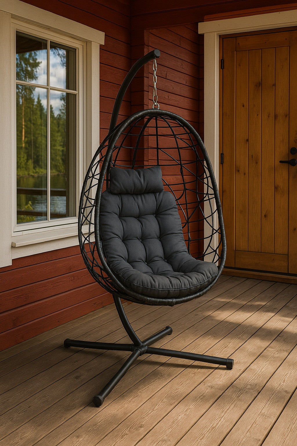 ILARI Riipputuoli / Korituoli Telineellä ja Jalustalla, Polyrottinki, Musta