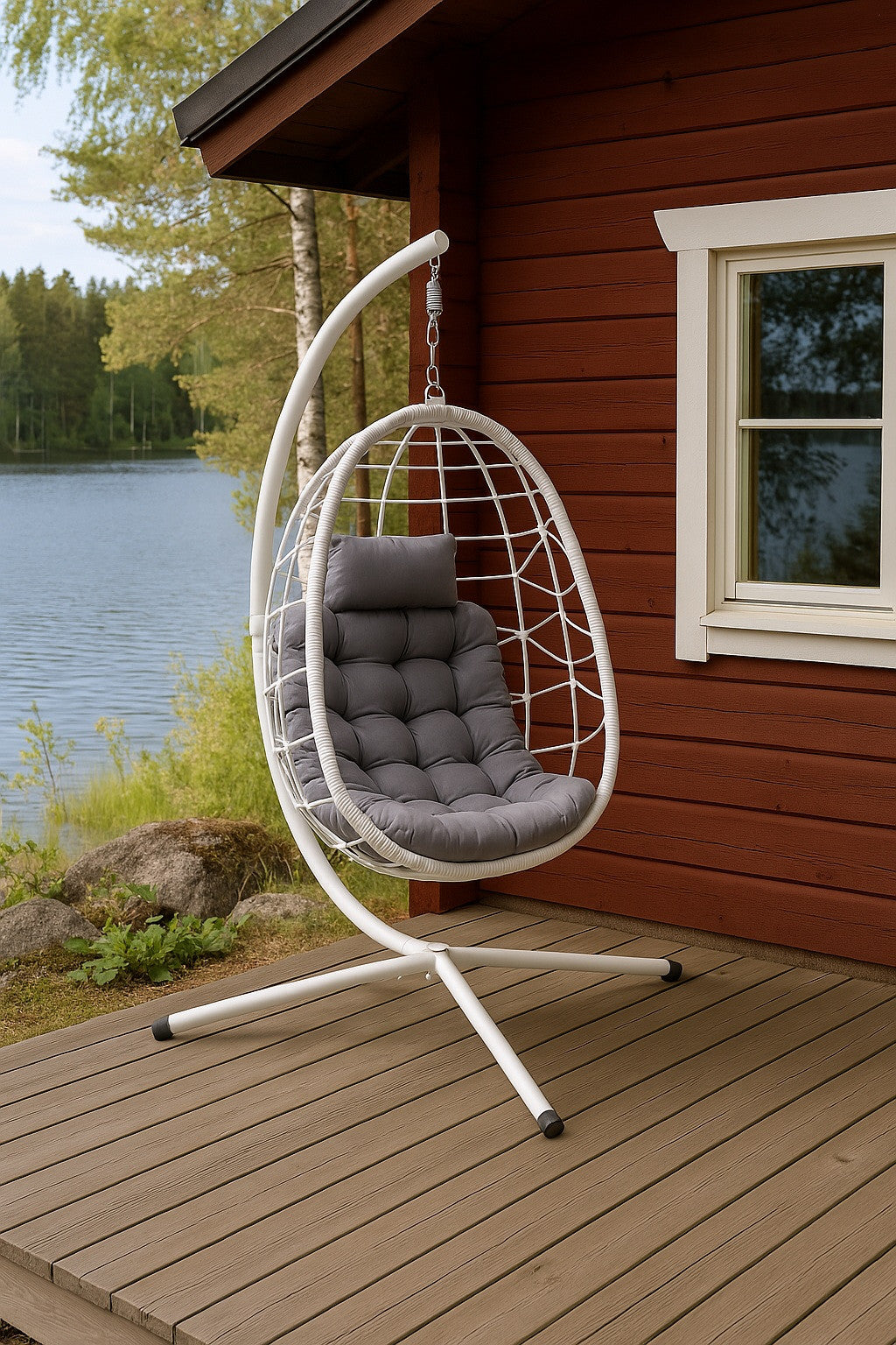 ILARI Riipputuoli / Korituoli Telineellä ja Jalustalla, Polyrottinki, Valkoinen