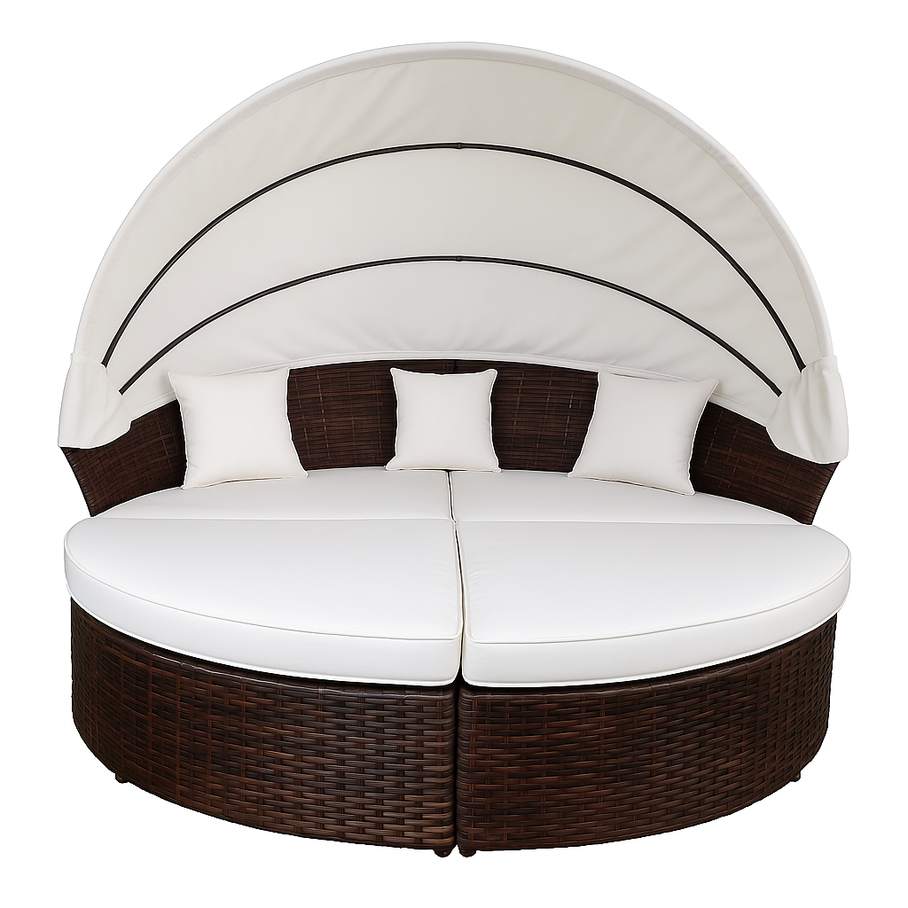 Aurinkovuode 200 cm – 3-osainen, polyrottinki, 8 cm pehmuste, ruskea/beige