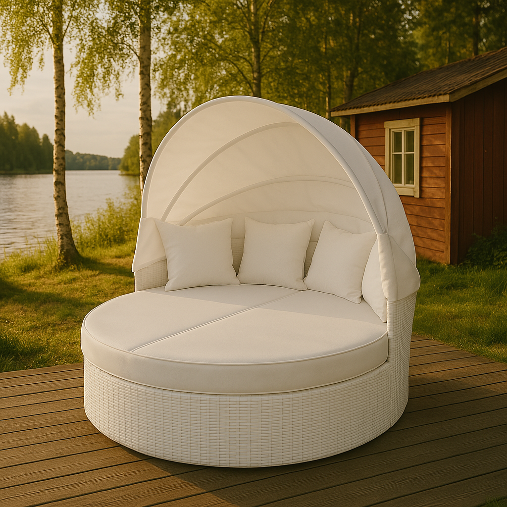 Aurinkovuode 165 x 158 cm – polyrottinki, säädettävä katos, 10 cm pehmuste