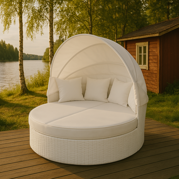 Aurinkovuode 165 x 158 cm – polyrottinki, säädettävä katos, 10 cm pehmuste