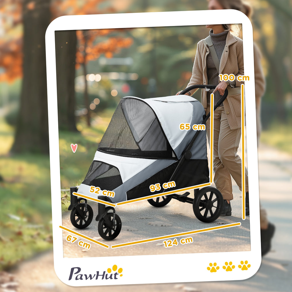 Koirien rattaat suurille koirille 30kg – taitettava koiranvaunu iskunvaimennuksella ja verkkoikkunoilla, valkoinen