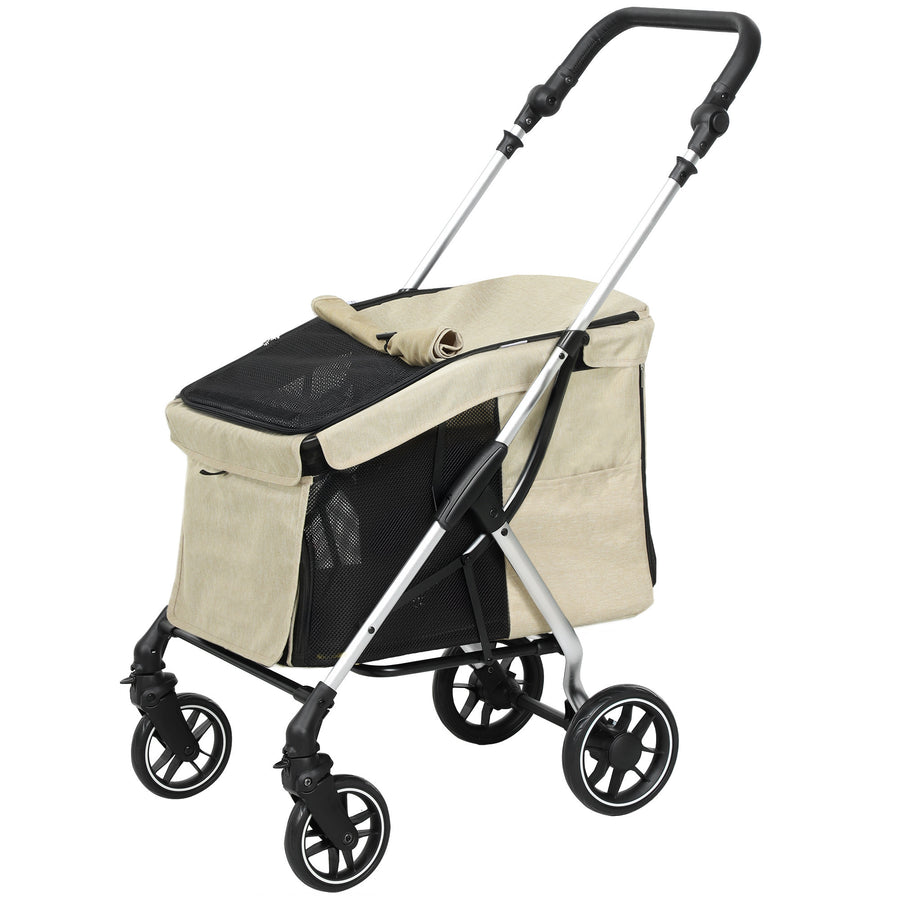 Hopfällbar hundvagn med ventilerande nät och tvättbar stoppning, beige