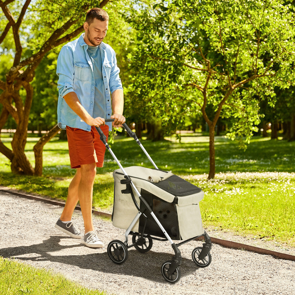 Kokoontaitettavat koiranrattaat hengittävällä verkolla ja pestävällä pehmusteella, beige