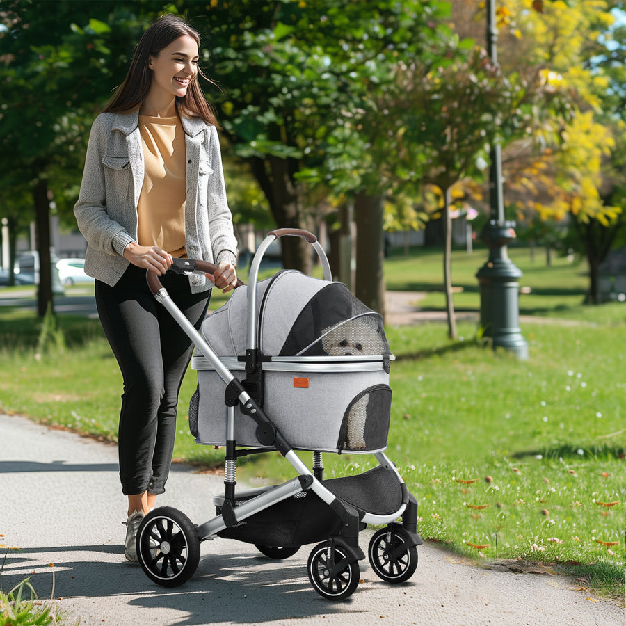 3-in-1 lemmikkirattaat pienille eläimille – taitettava alumiinirunko, max 10 kg, harmaa