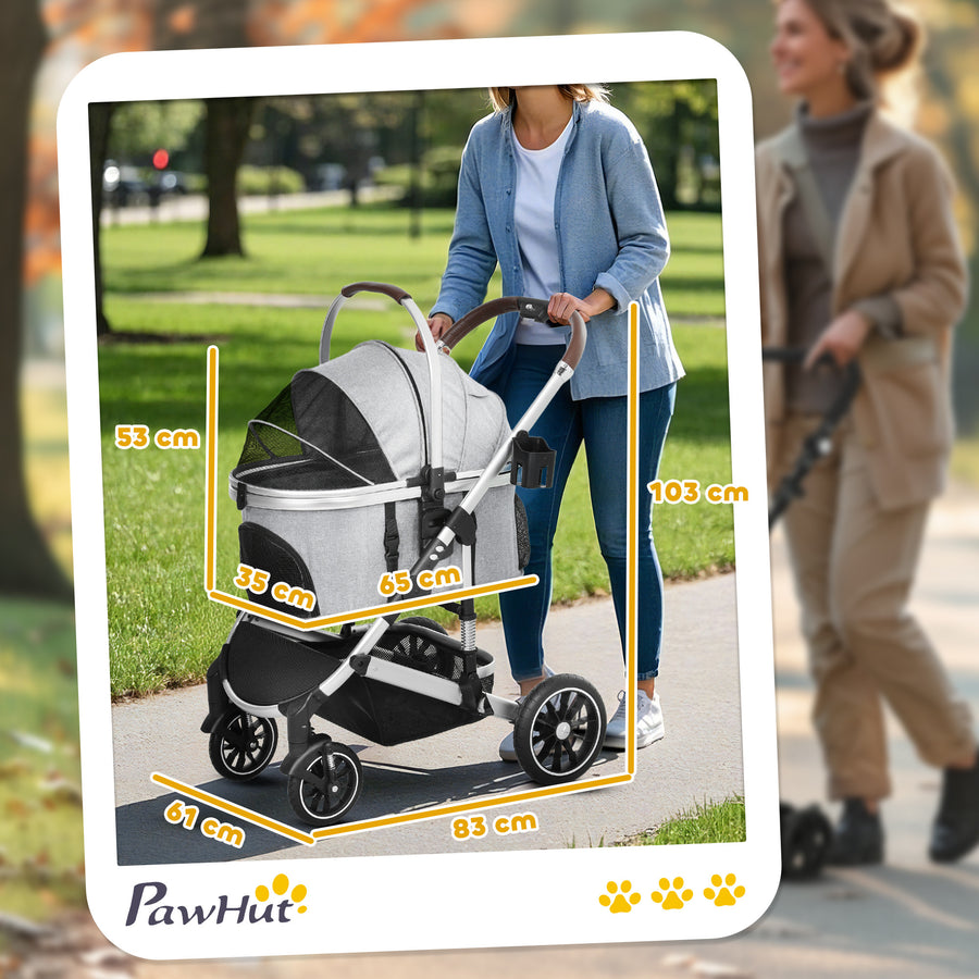 3-in-1 lemmikkirattaat pienille eläimille – taitettava alumiinirunko, max 10 kg, harmaa