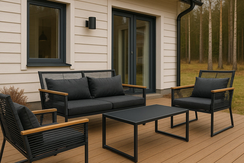 OUTLET! Ulkosohvaryhmä, puutarhasohva + puutarhapöytä, musta Joel - asiakaspalautus, B-laatu. Lue tuotekuvaus!