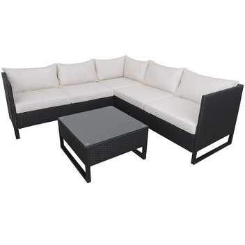 Kulmasohvaryhmä 5–6 hengelle – polyrottinki, 6 cm pehmusteet, pöytä 63 x 63 cm, musta/beige