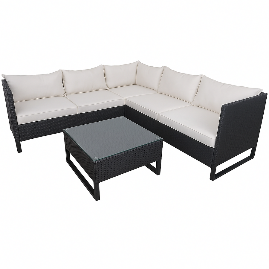 Kulmasohvaryhmä 5–6 hengelle – polyrottinki, 6 cm pehmusteet, pöytä 63 x 63 cm, musta/beige