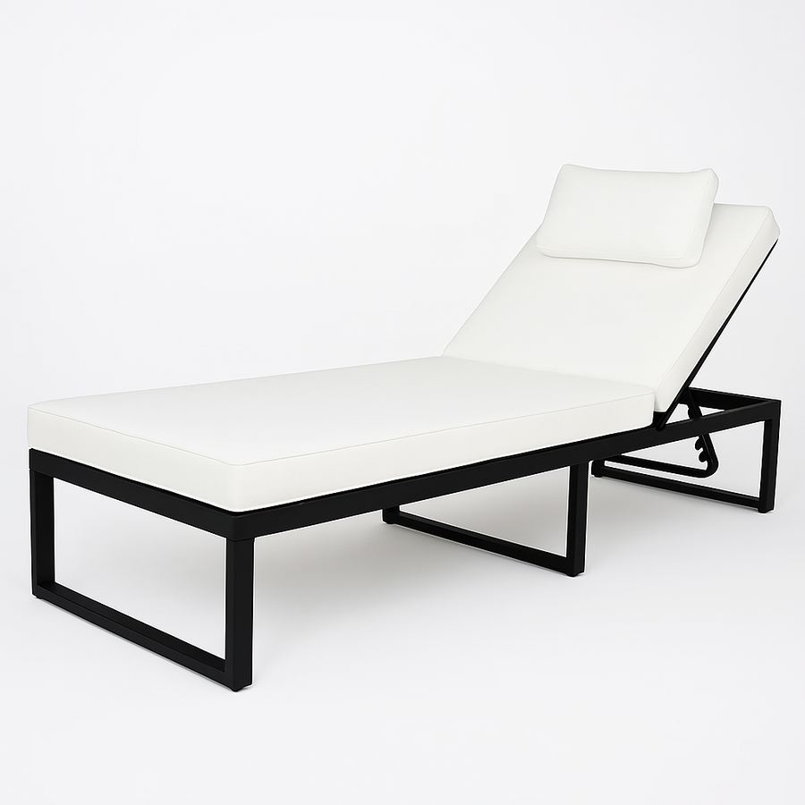 Solstol 200 cm – justerbart ryggstöd, 10 cm stoppning, stålram, svart/beige