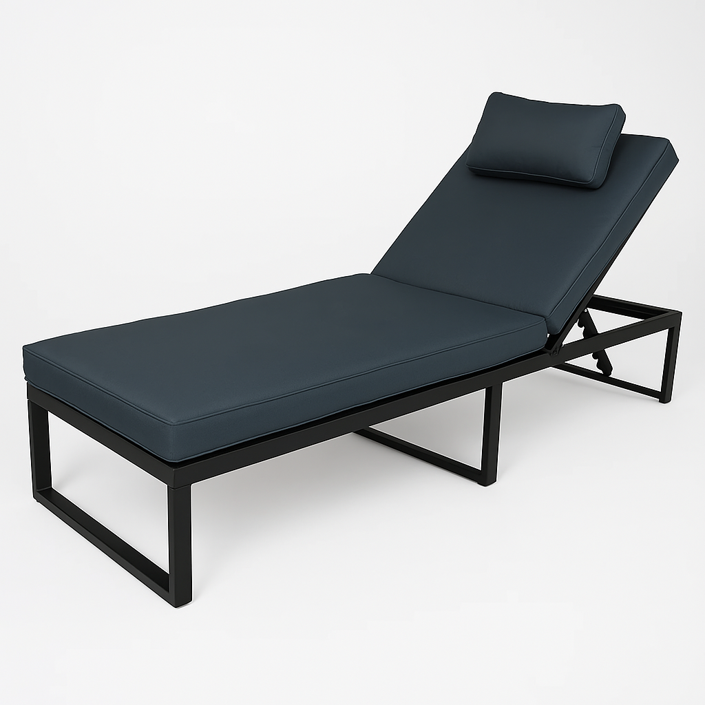 Solstol 200 cm – justerbart ryggstöd, 10 cm stoppning, stålram, svart/grå