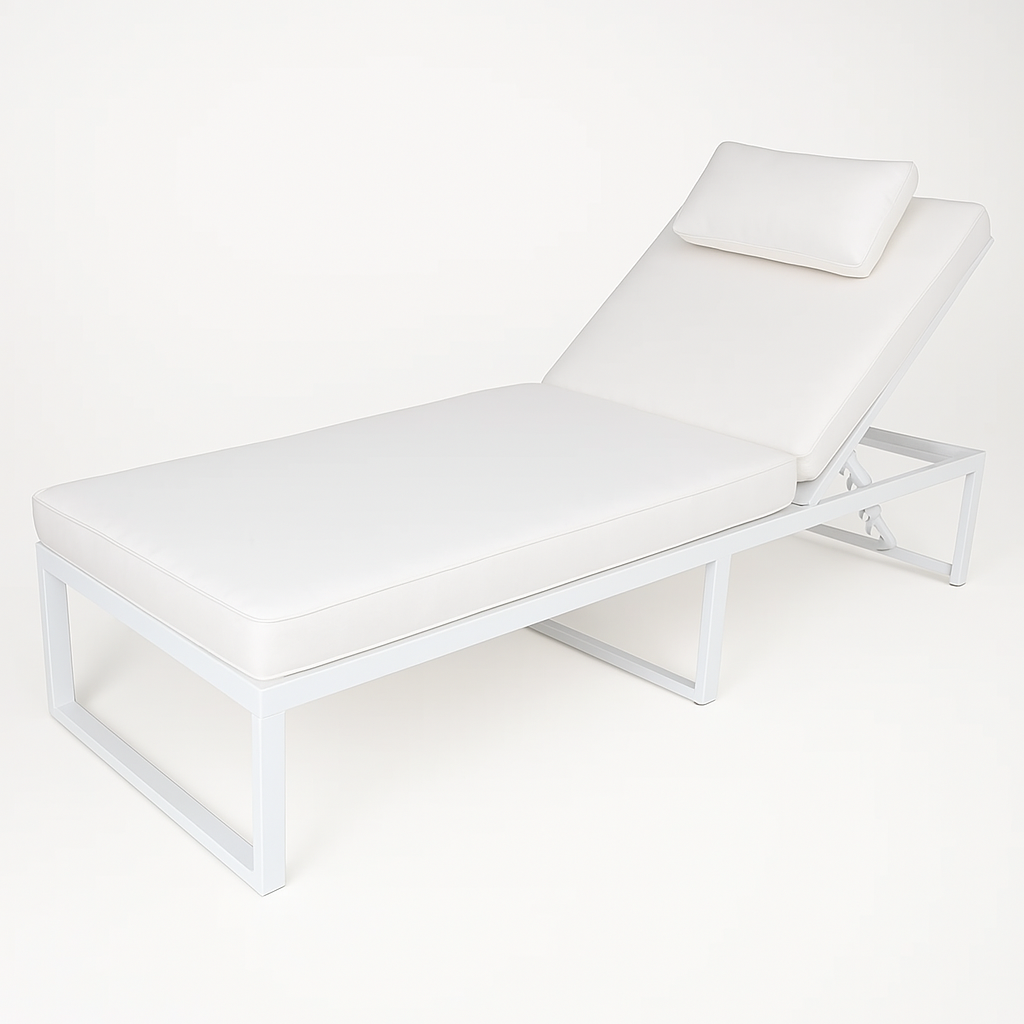 Solstol 200 cm – justerbart ryggstöd, 10 cm stoppning, stålram, vit/beige