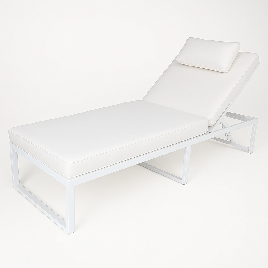 Solstol 200 cm – justerbart ryggstöd, 10 cm stoppning, stålram, vit/beige