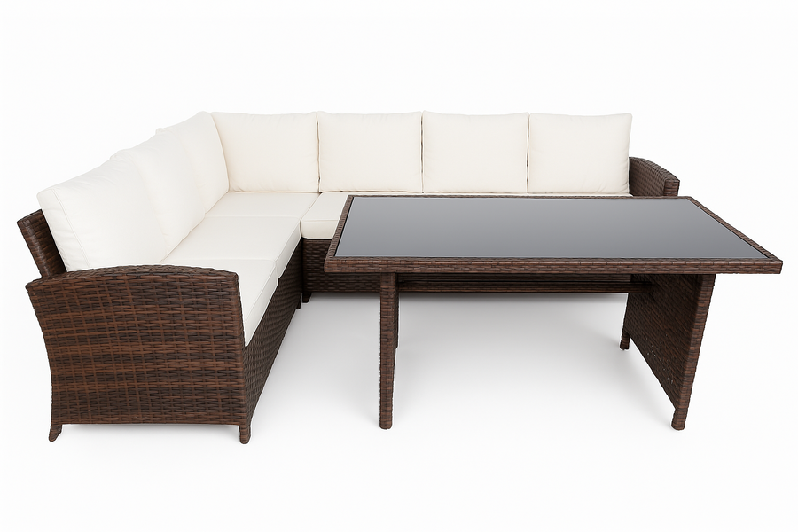 Polyrottinki ulkosohvaryhmä 5–6 hengelle – pöytä 130 x 75 cm, 7 cm pehmusteet, ruskea/beige