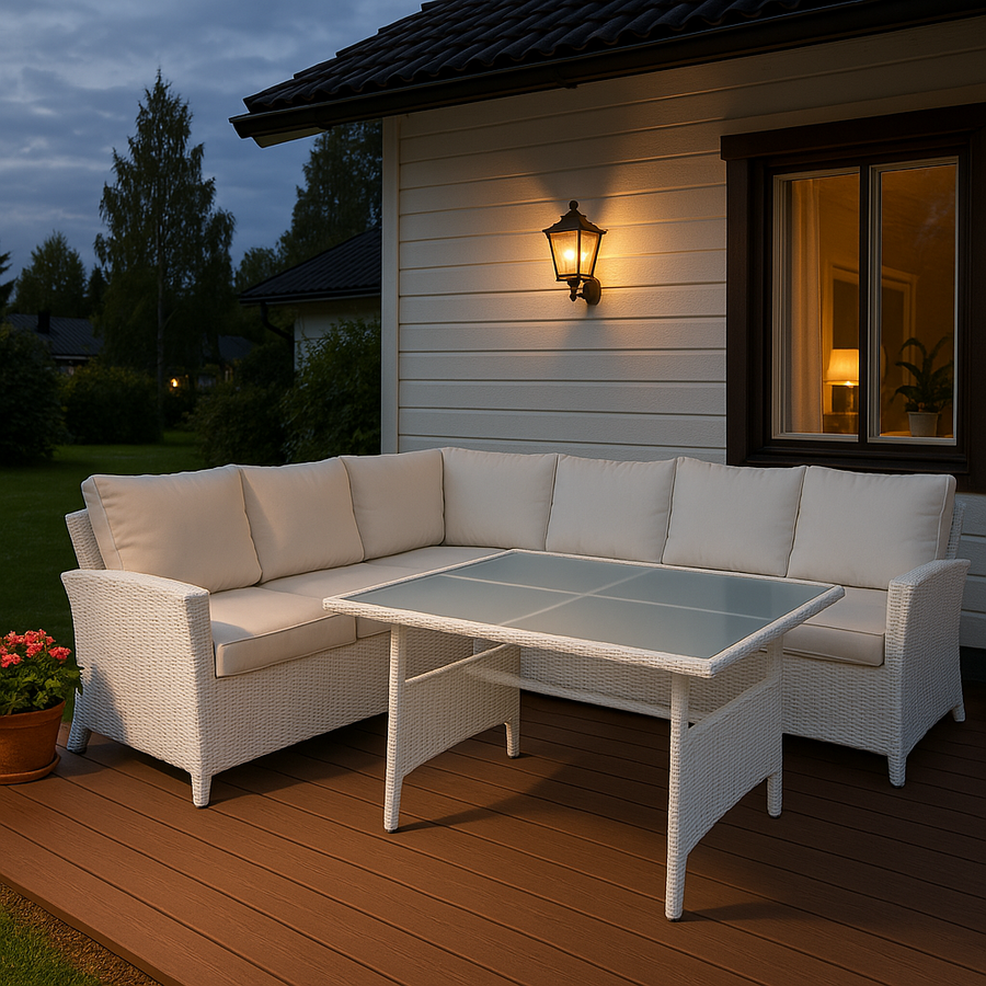 Polyrottinki ulkosohvaryhmä 5–6 hengelle – pöytä 130 x 75 cm, 7 cm pehmusteet, valkoinen/beige