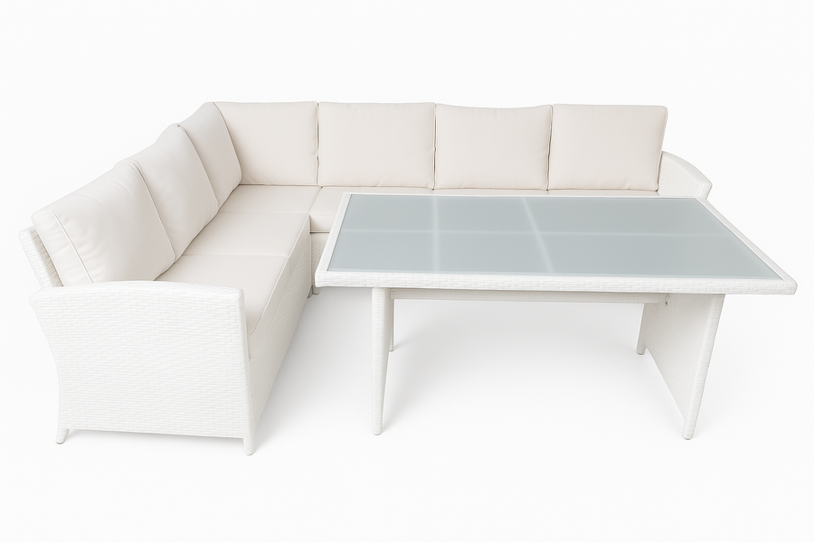 Polyrottinki ulkosohvaryhmä 5–6 hengelle – pöytä 130 x 75 cm, 7 cm pehmusteet, valkoinen/beige