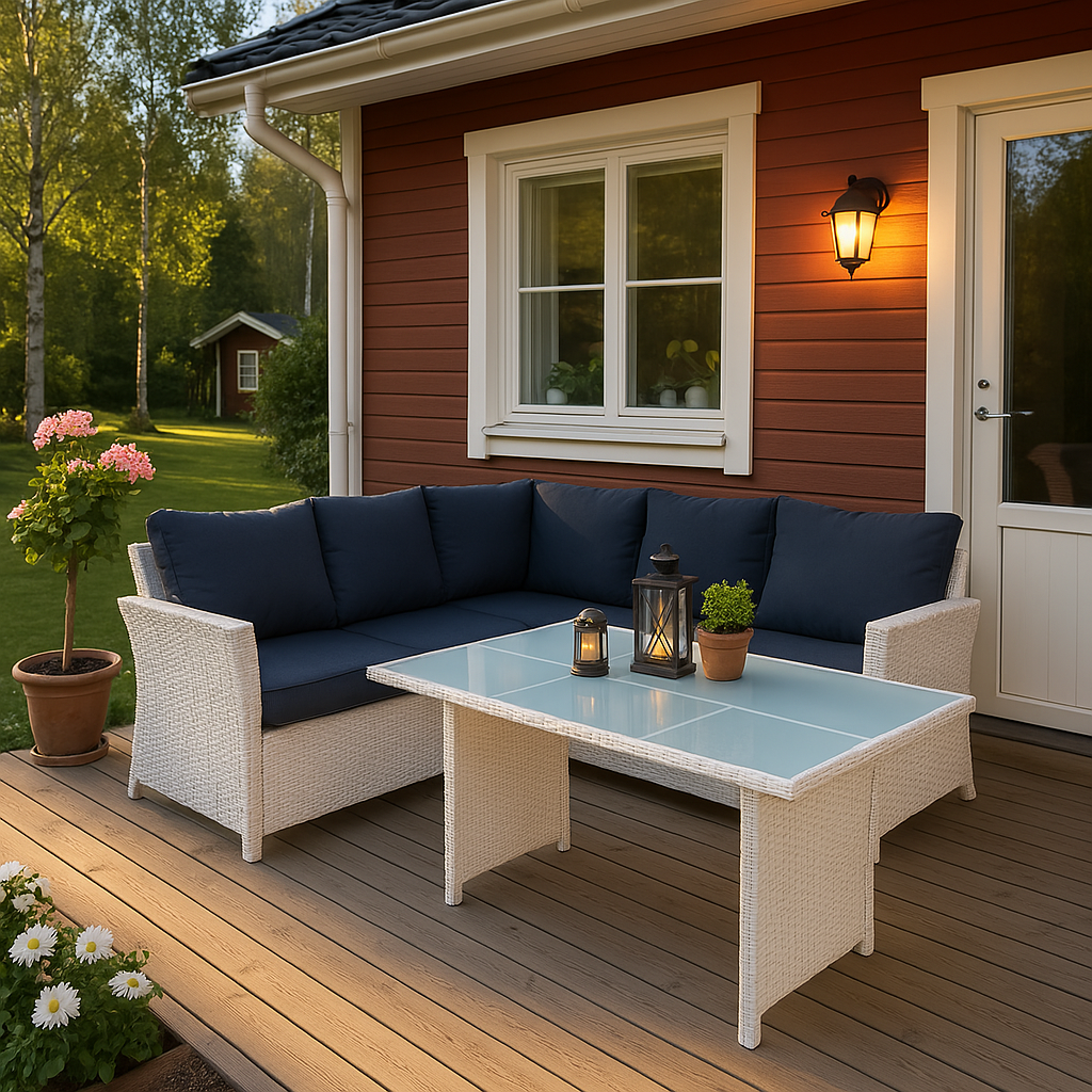 Polyrottinki utemöbelgrupp för 5–6 personer – bord 130 x 75 cm, 7 cm stoppning