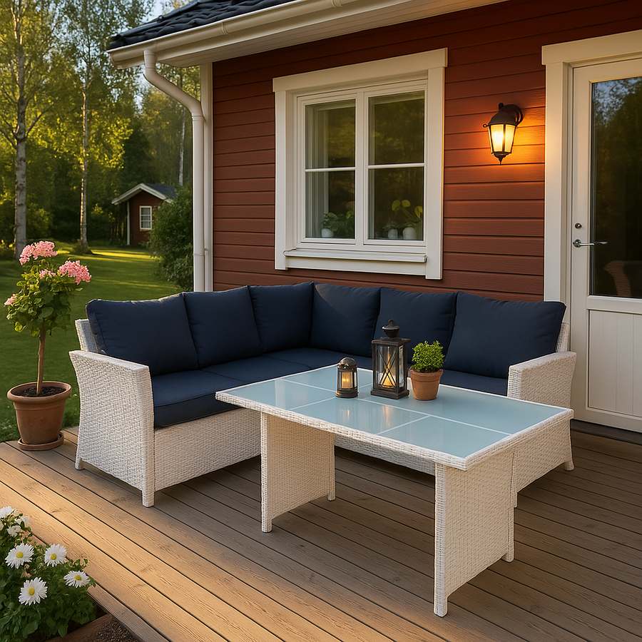 Polyrottinki utemöbelgrupp för 5–6 personer – bord 130 x 75 cm, 7 cm stoppning