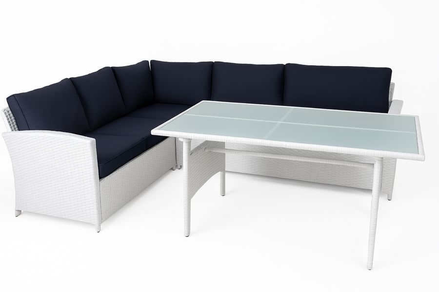 Polyrottinki utemöbelgrupp för 5–6 personer – bord 130 x 75 cm, 7 cm stoppning