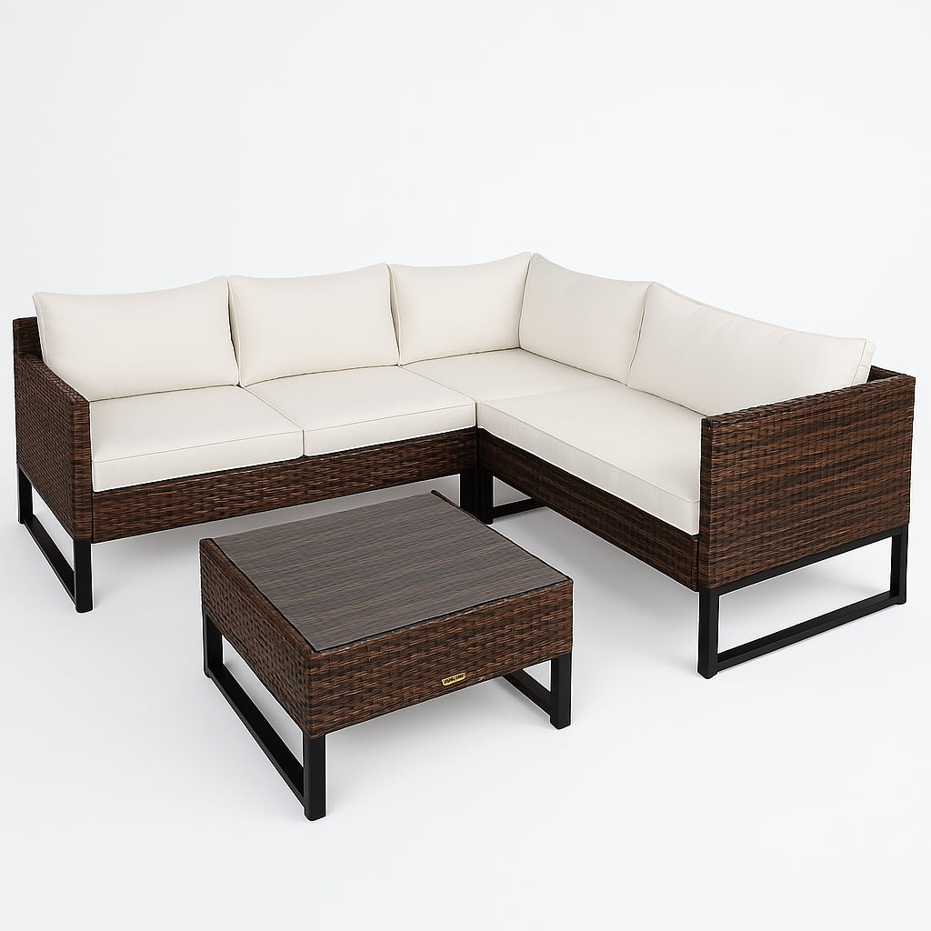 POHJOLA GARDEN Polyrottinki Kulmasohvaryhmä ja Puutarhapöytä, Ruskea/Beige, Heini