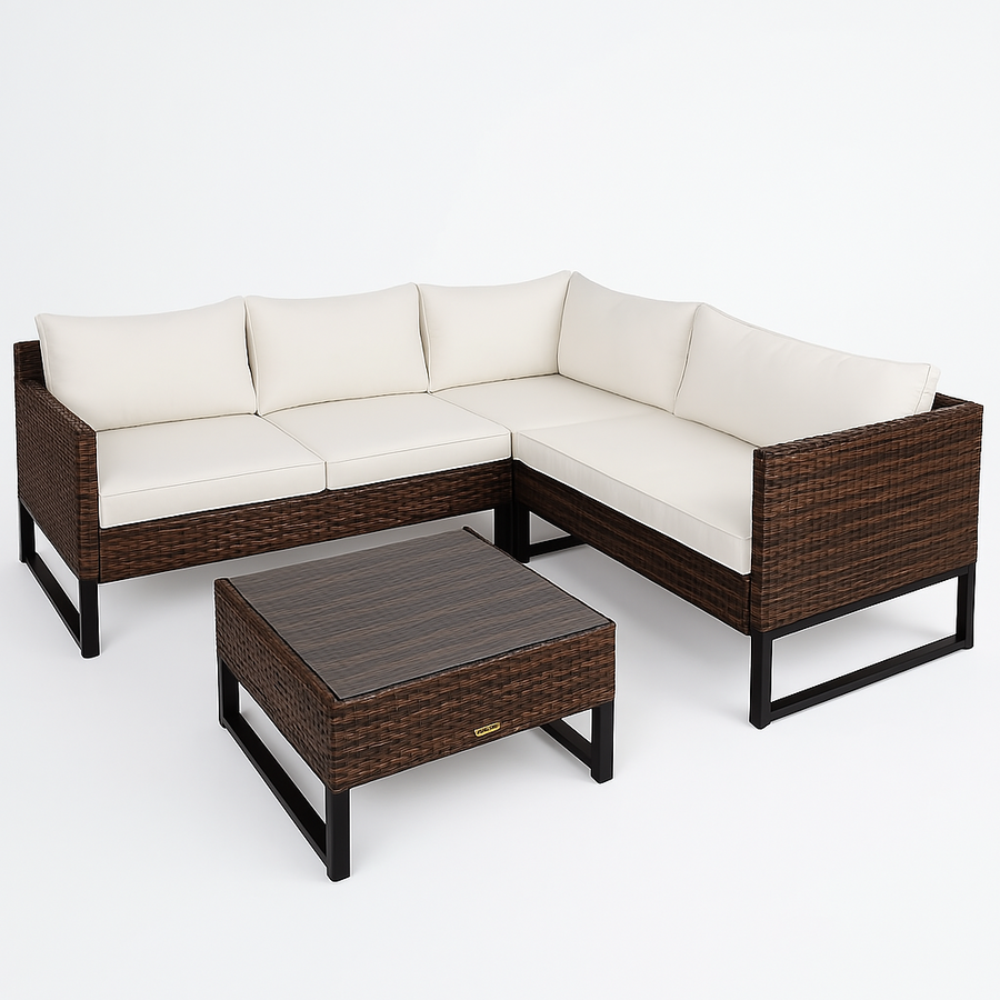 Hörnsofagrupp för 5–6 personer – polyrotting, 6 cm stoppning, bord 63 x 63 cm