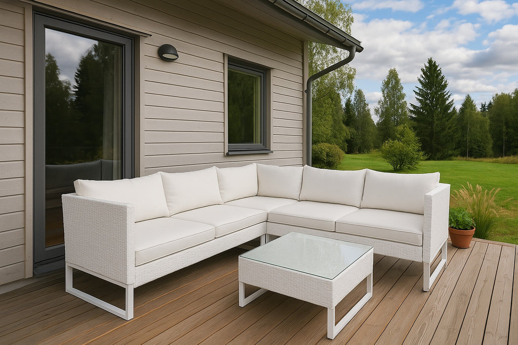 POHJOLA GARDEN Polyrottinki Kulmasohvaryhmä ja Puutarhapöytä, Valkoinen/Beige, Heini